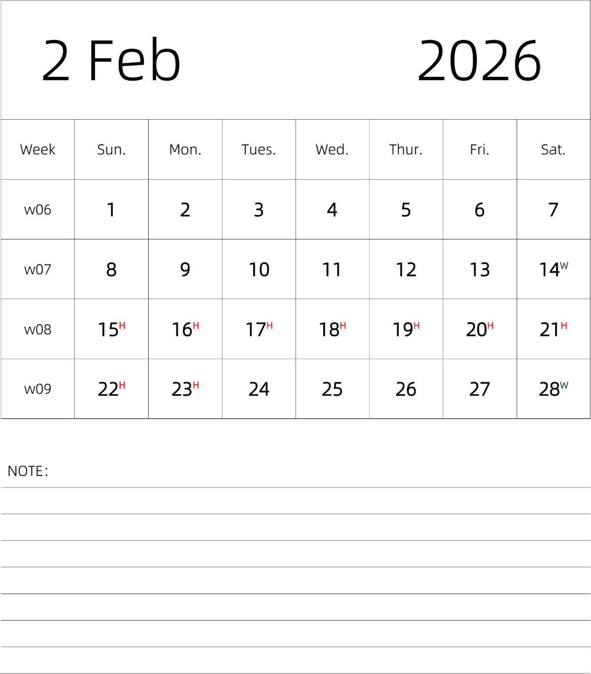 模板[DF101] 日历表 2026年 月历 英文版 纵向排版 周日开始 带周数 带节假日调休安排