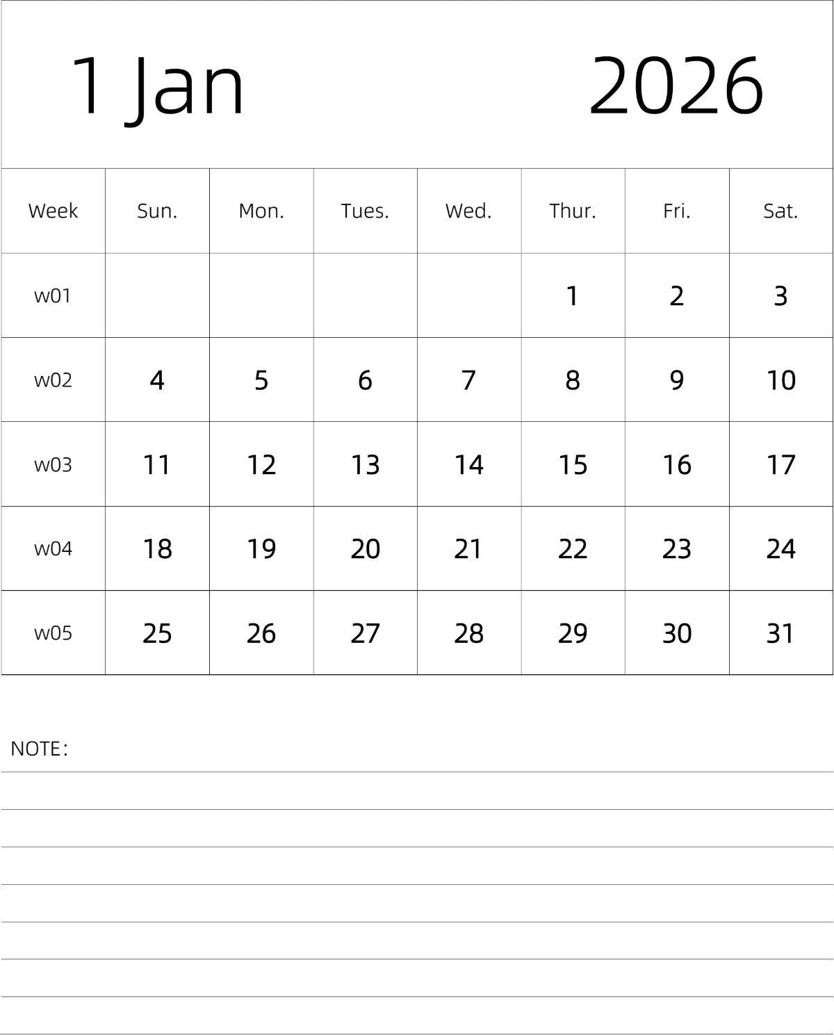 模板[DF101] 日历表 2026年 月历 英文版 纵向排版 周日开始 带周数