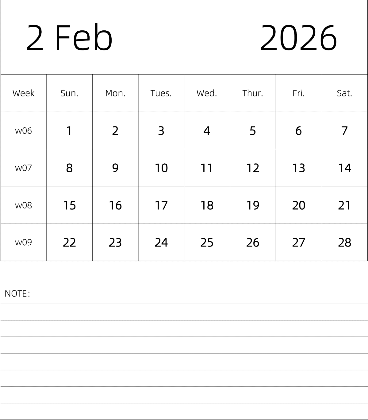 模板[DF101] 日历表 2026年 月历 英文版 纵向排版 周日开始 带周数
