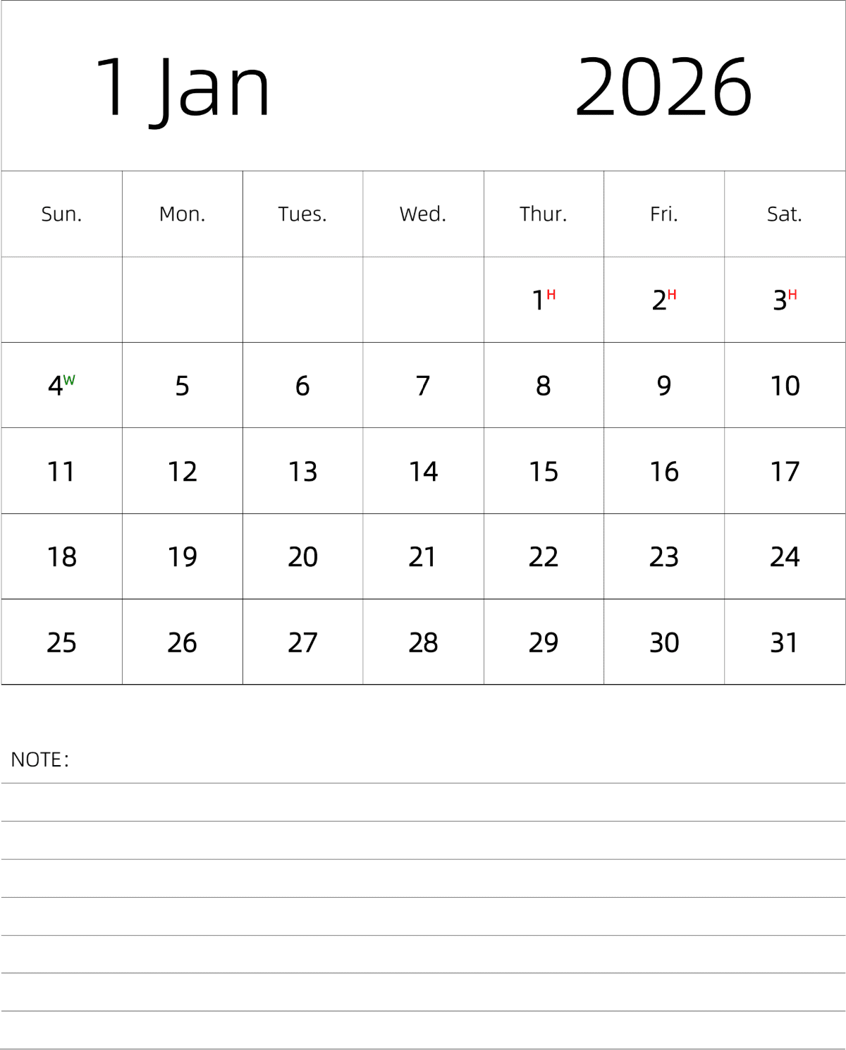 模板[DF101] 日历表 2026年 月历 英文版 纵向排版 周日开始 带节假日调休安排
