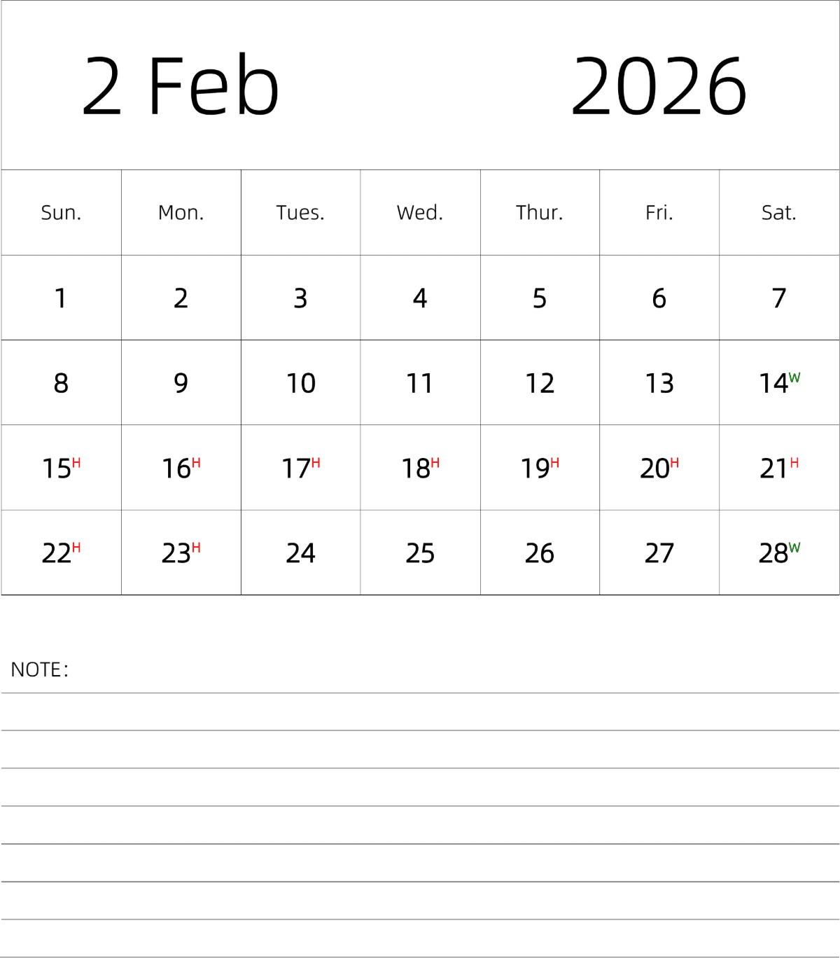 模板[DF101] 日历表 2026年 月历 英文版 纵向排版 周日开始 带节假日调休安排