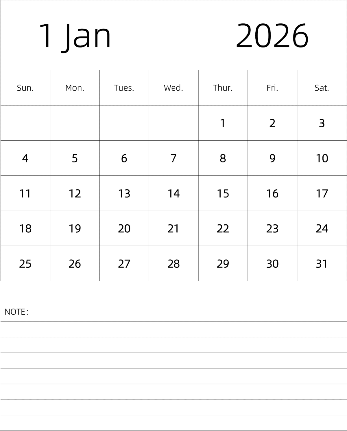 模板[DF101] 日历表 2026年 月历 英文版 纵向排版 周日开始