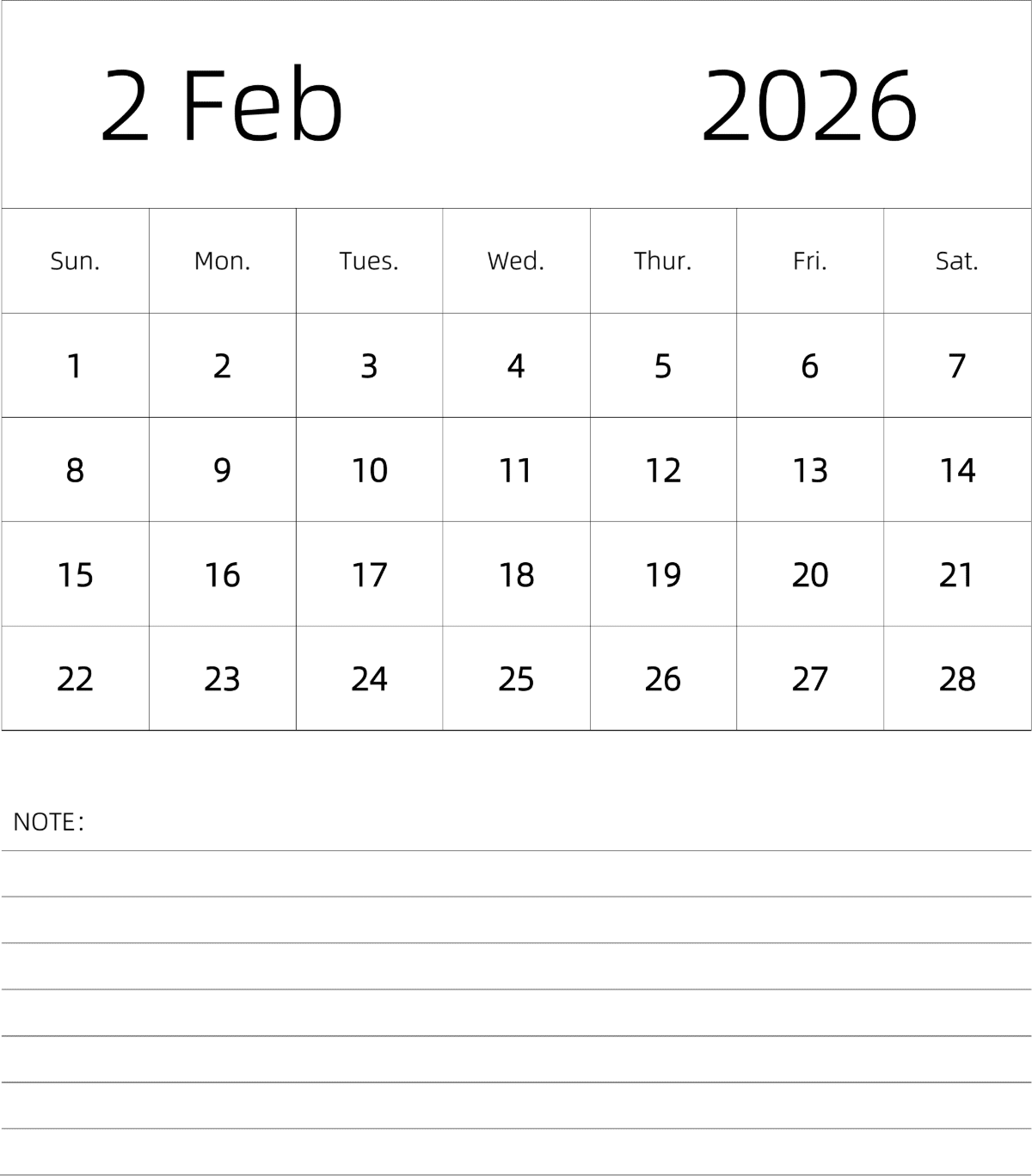 模板[DF101] 日历表 2026年 月历 英文版 纵向排版 周日开始