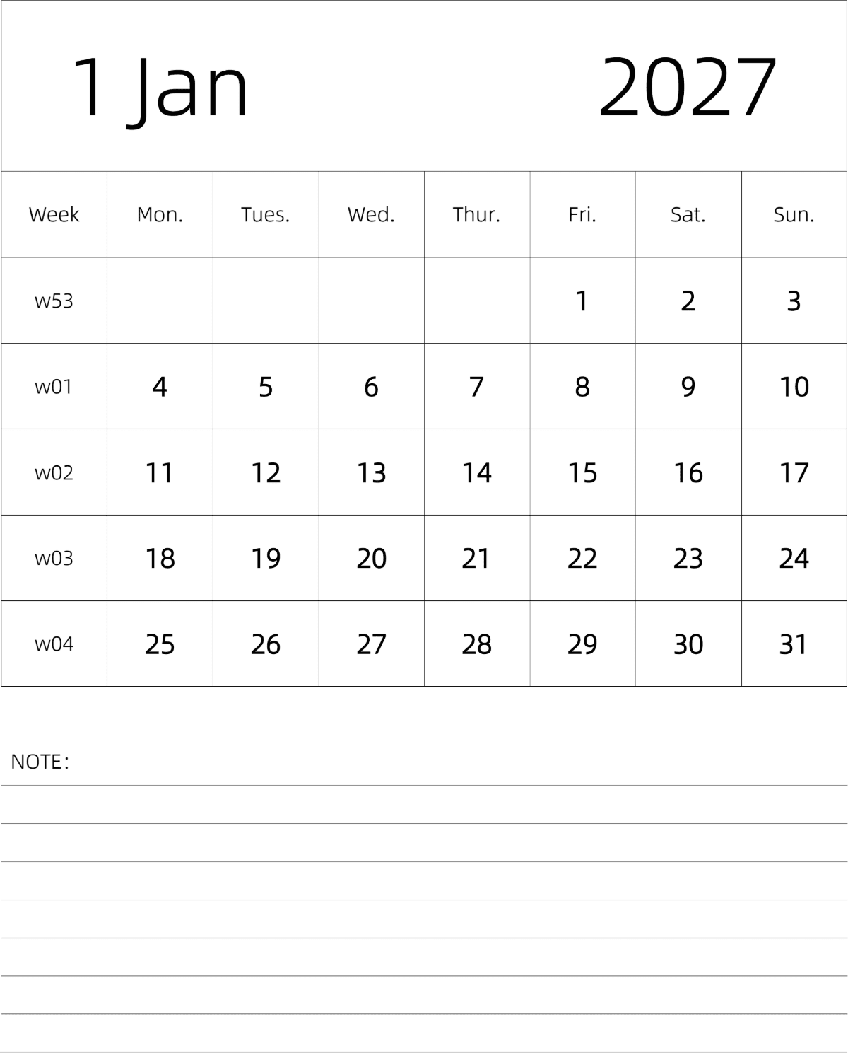 模板[DF101] 日历表 2027年 月历 英文版 纵向排版 周一开始 带周数 带节假日调休安排