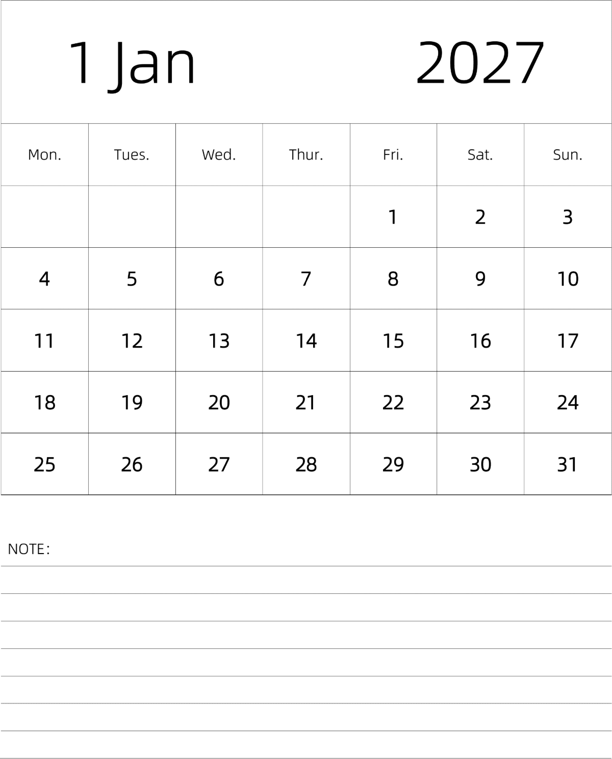 模板[DF101] 日历表 2027年 月历 英文版 纵向排版 周一开始 带节假日调休安排