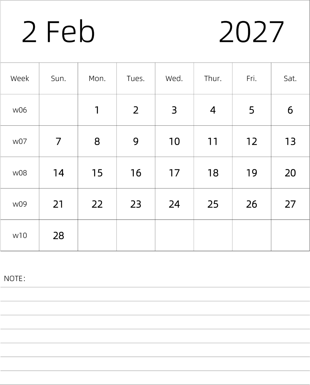 模板[DF101] 日历表 2027年 月历 英文版 纵向排版 周日开始 带周数 带节假日调休安排