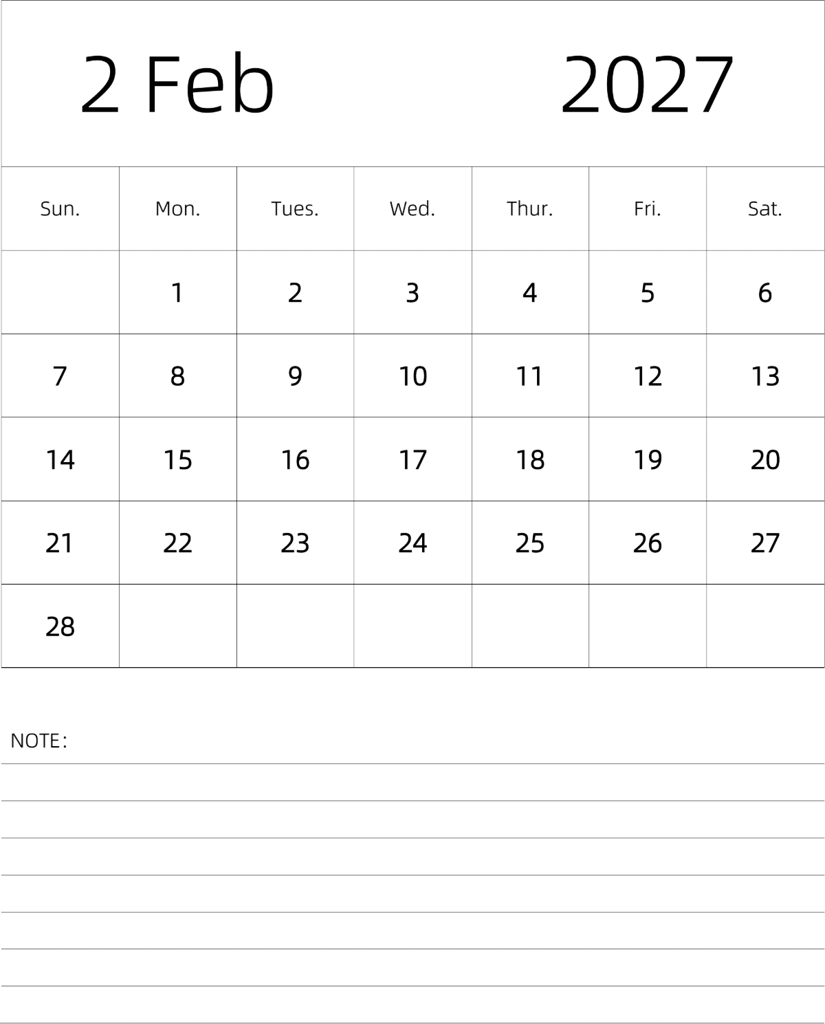 模板[DF101] 日历表 2027年 月历 英文版 纵向排版 周日开始 带节假日调休安排