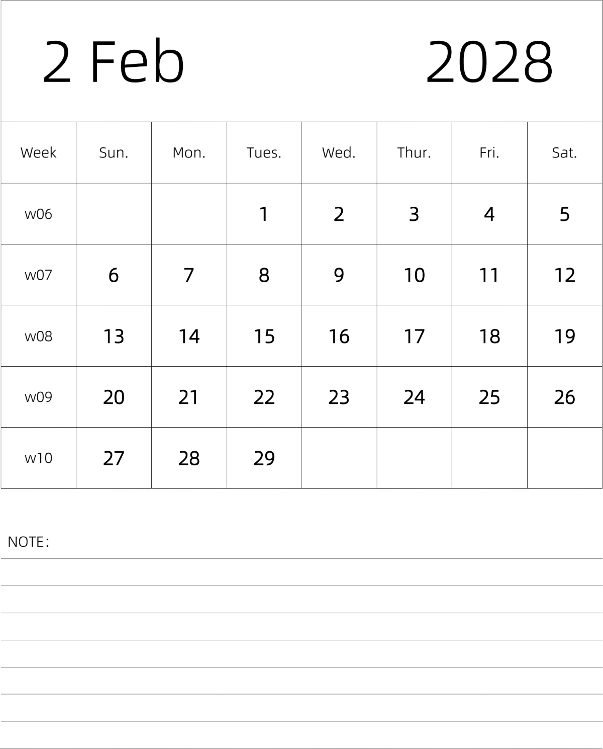 模板[DF101] 日历表 2028年 月历 英文版 纵向排版 周日开始 带周数