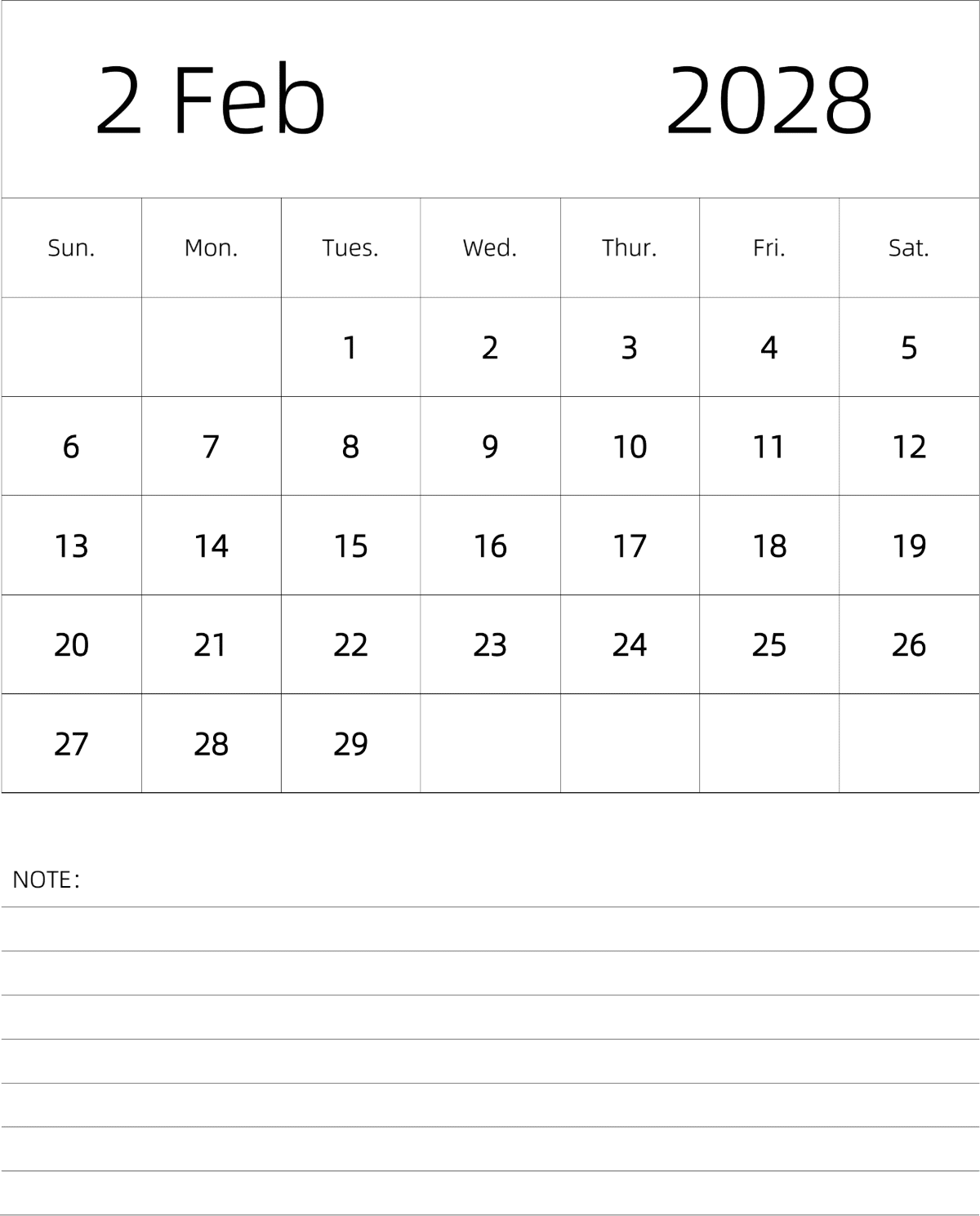 模板[DF101] 日历表 2028年 月历 英文版 纵向排版 周日开始