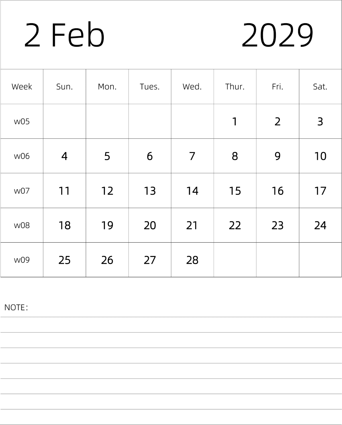 模板[DF101] 日历表 2029年 月历 英文版 纵向排版 周日开始 带周数 带节假日调休安排