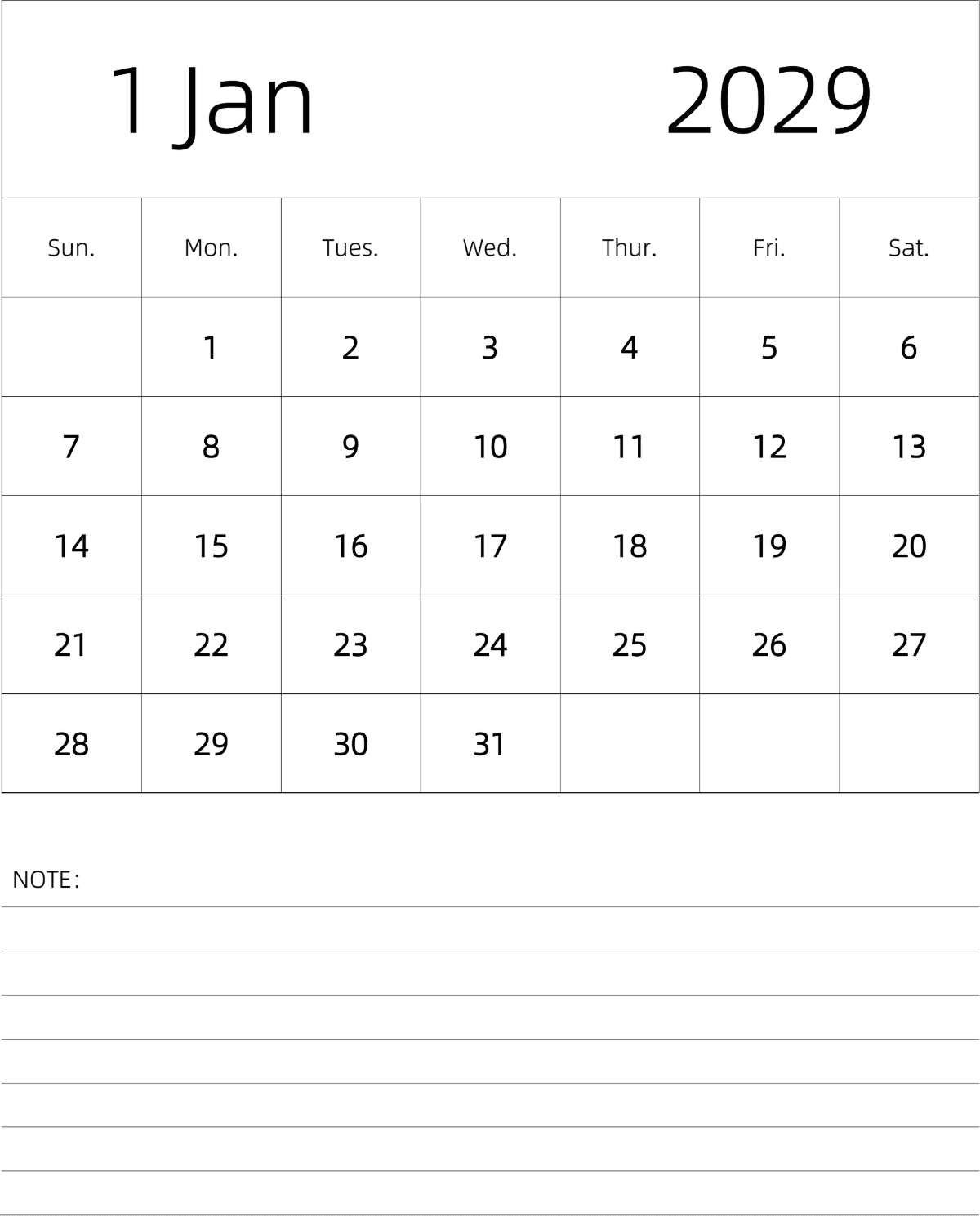 模板[DF101] 日历表 2029年 月历 英文版 纵向排版 周日开始 带节假日调休安排