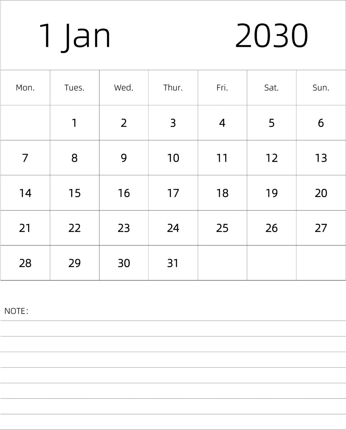 模板[DF101] 日历表 2030年 月历 英文版 纵向排版 周一开始 带节假日调休安排