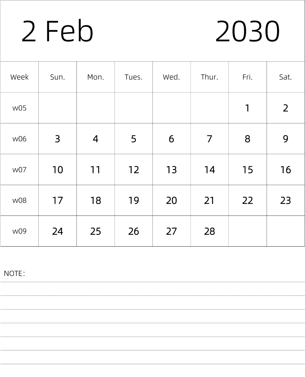 模板[DF101] 日历表 2030年 月历 英文版 纵向排版 周日开始 带周数 带节假日调休安排