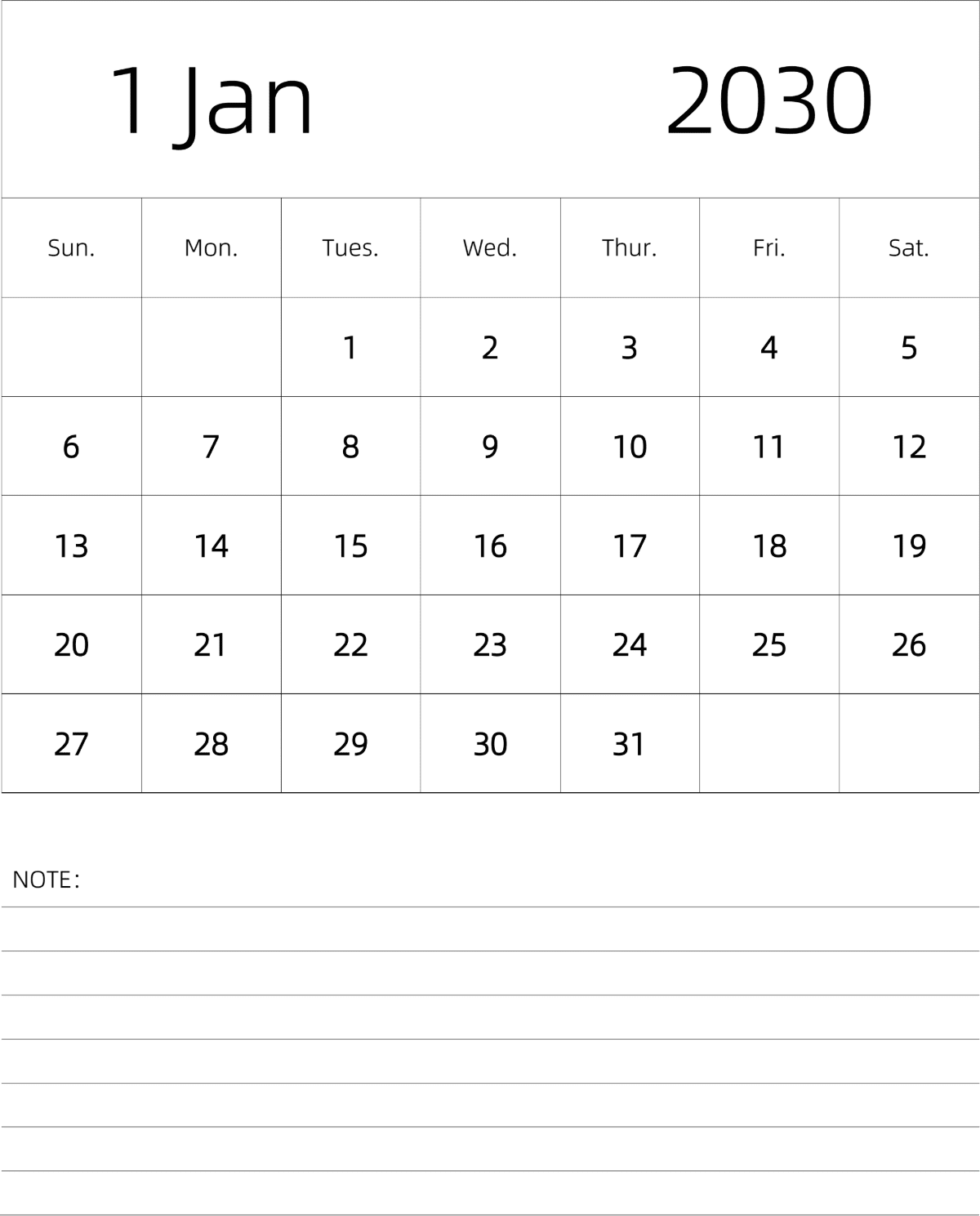 模板[DF101] 日历表 2030年 月历 英文版 纵向排版 周日开始 带节假日调休安排