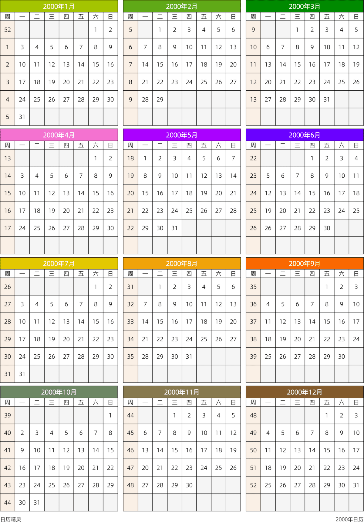 模板[DF201] 日历表 2000年 日历 中文版 周一开始 带周数 带节假日调休安排