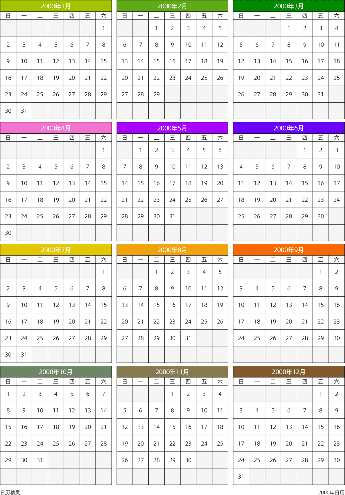 模板[DF201] 日历表 2000年 日历 中文版 周日开始 带节假日调休安排