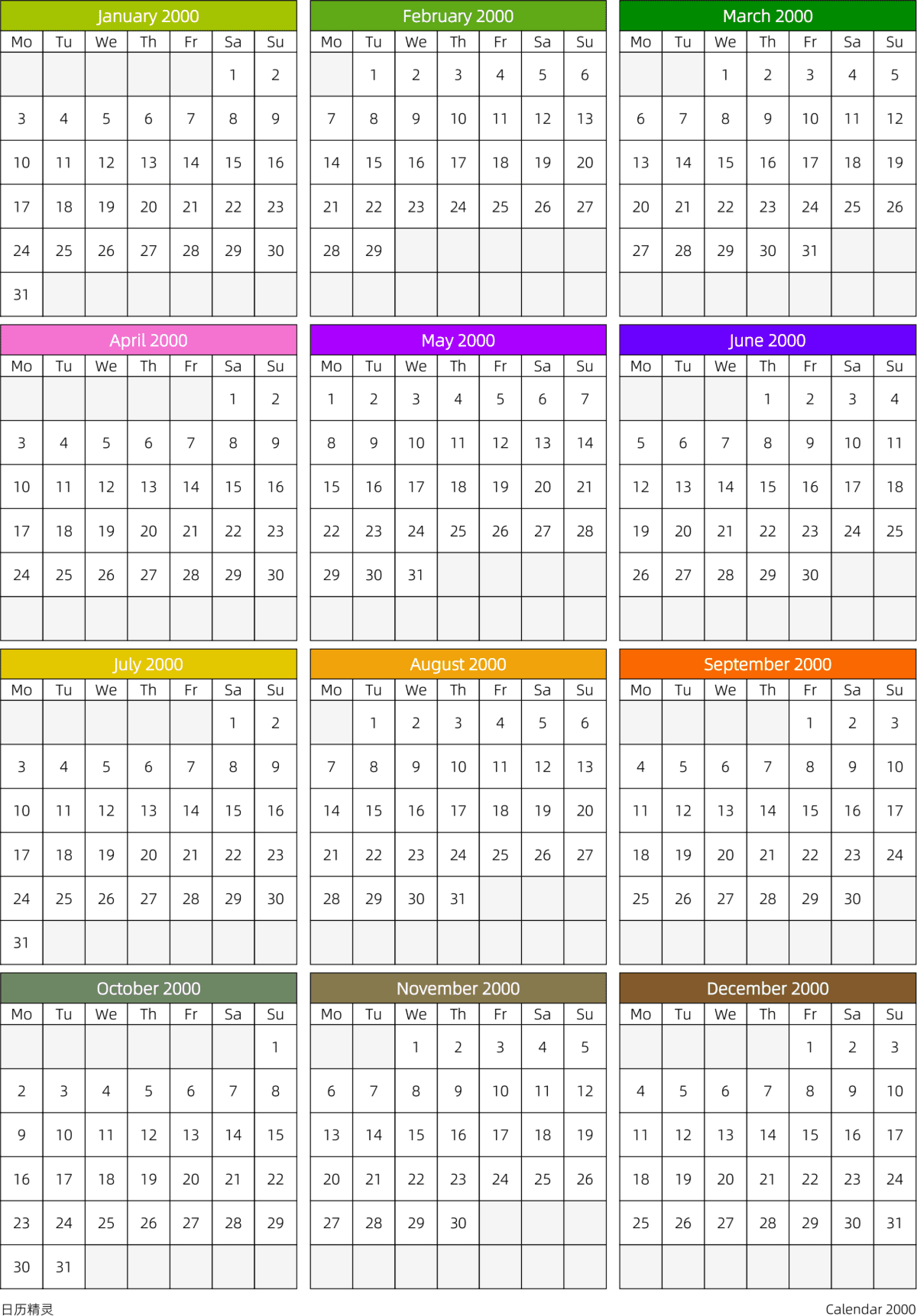 模板[DF201] 日历表 2000年 日历 英文版 周一开始