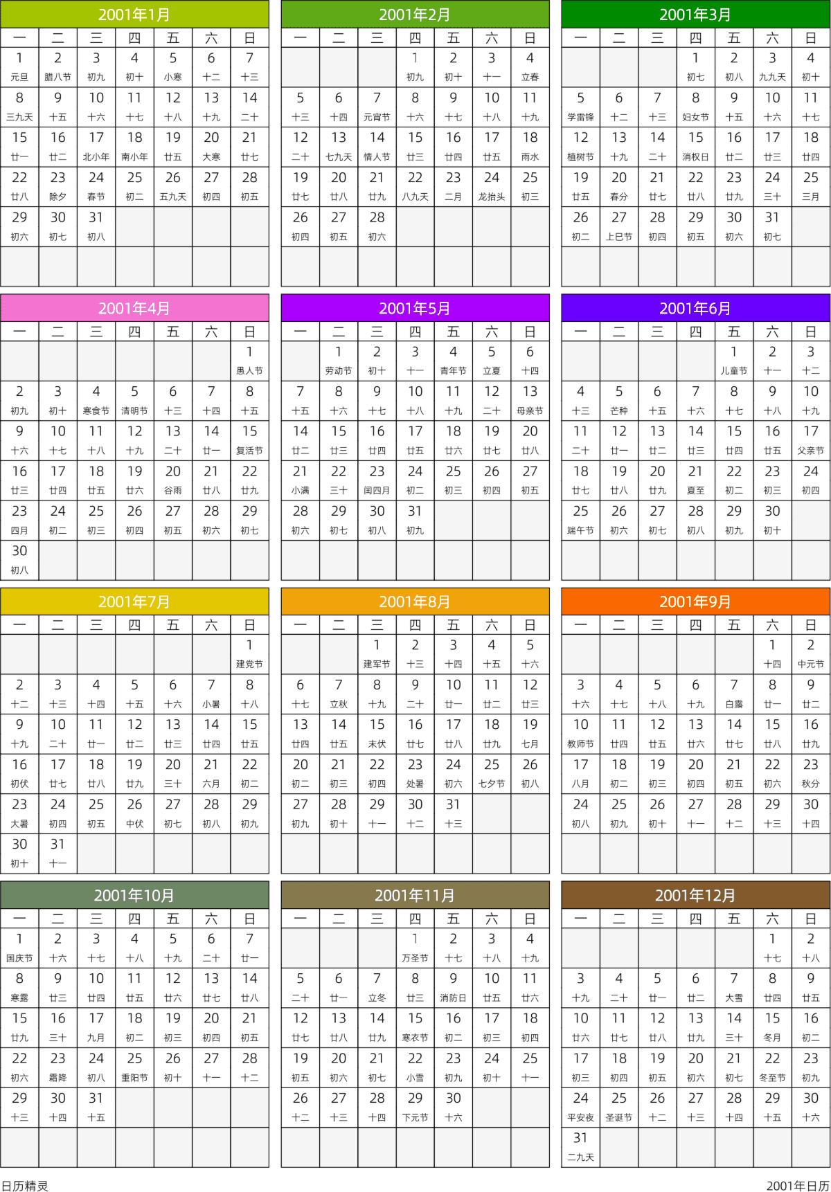 模板[DF201] 日历表 2001年 日历 中文版 周一开始 带农历 带节假日调休安排