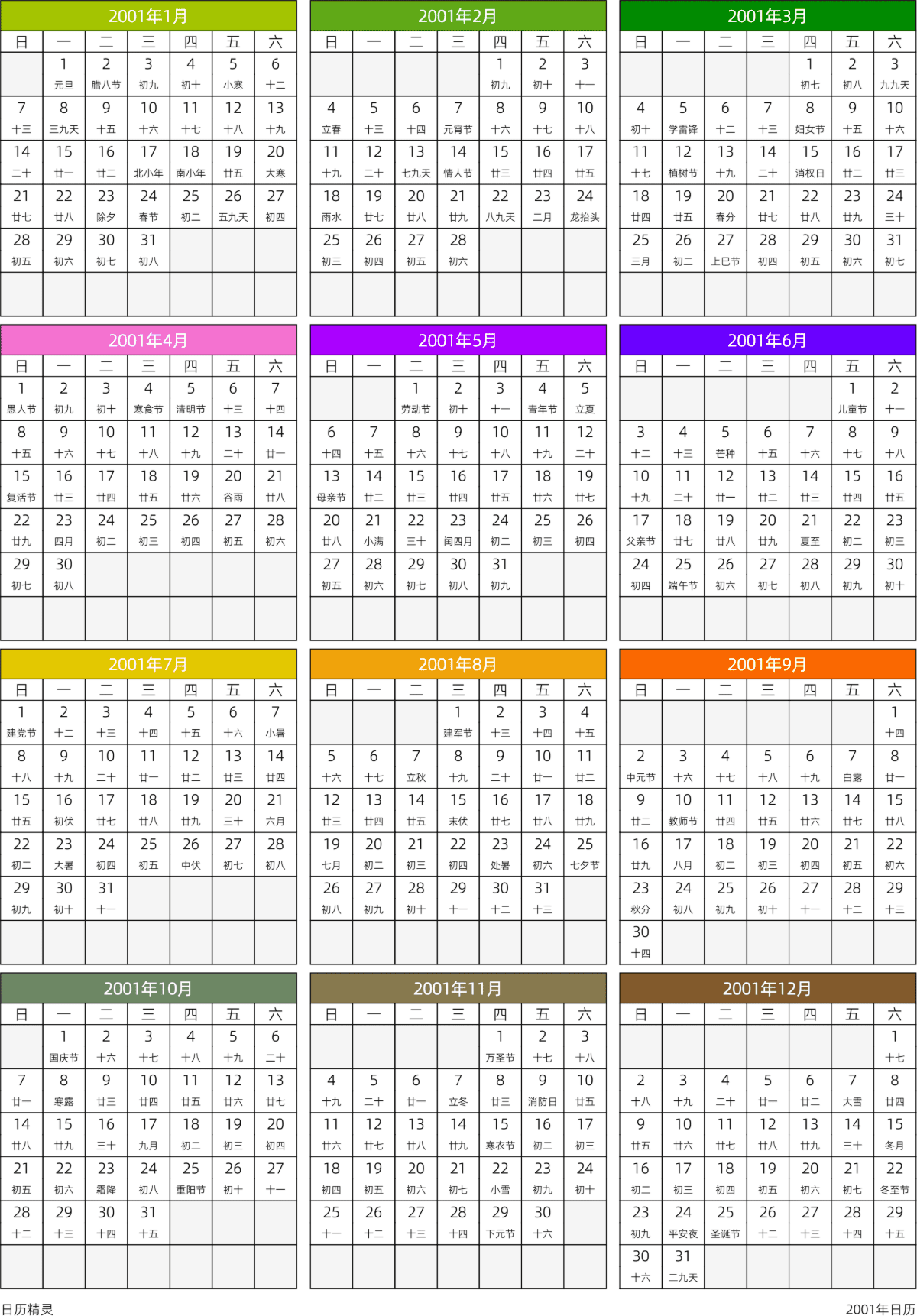 模板[DF201] 日历表 2001年 日历 中文版 周日开始 带农历 带节假日调休安排