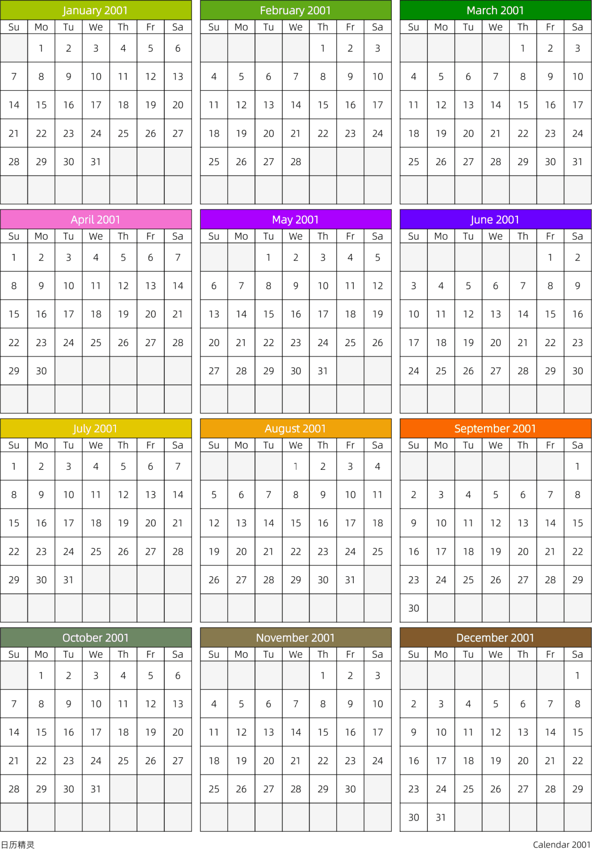 模板[DF201] 日历表 2001年 日历 英文版 周日开始