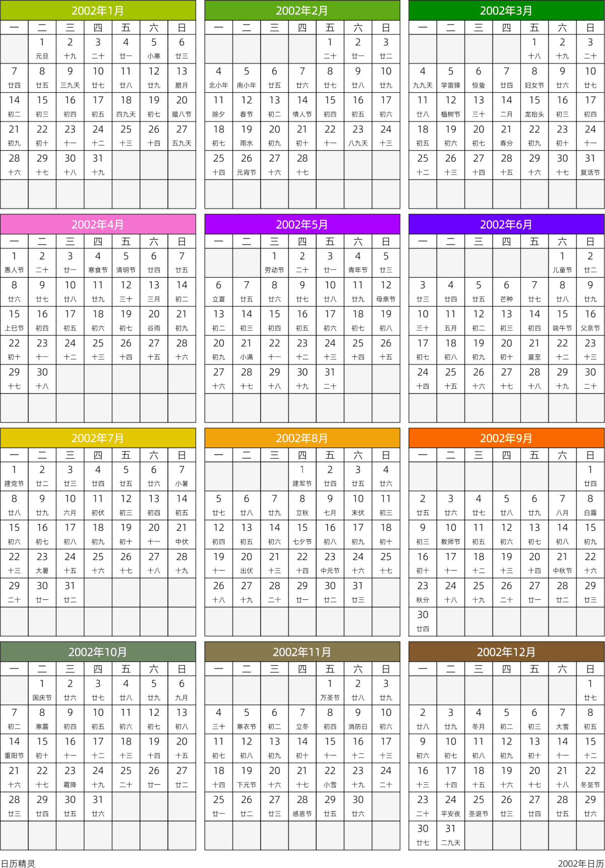 模板[DF201] 日历表 2002年 日历 中文版 周一开始 带农历