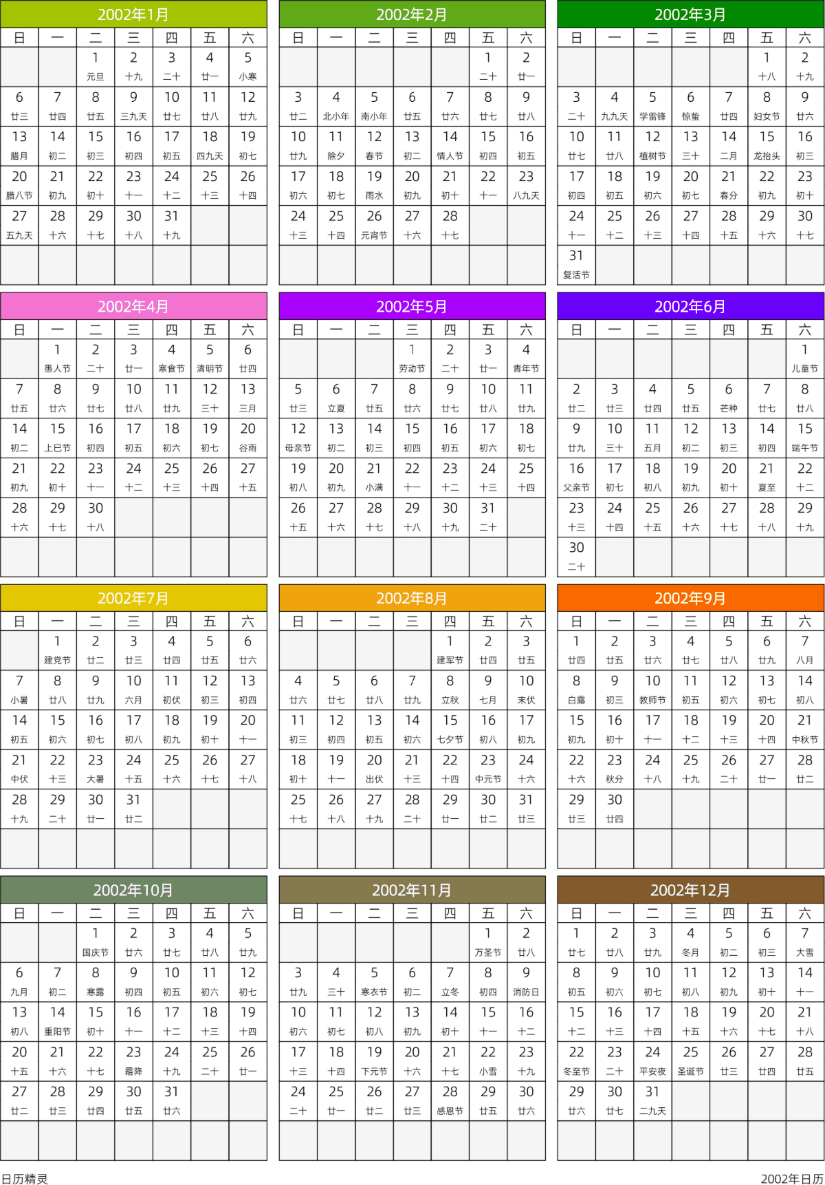 模板[DF201] 日历表 2002年 日历 中文版 周日开始 带农历