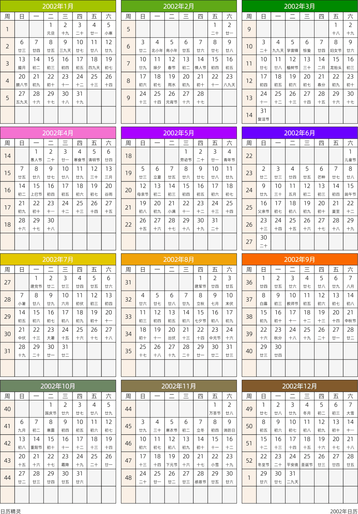 模板[DF201] 日历表 2002年 日历 中文版 周日开始 带周数 带农历 带节假日调休安排