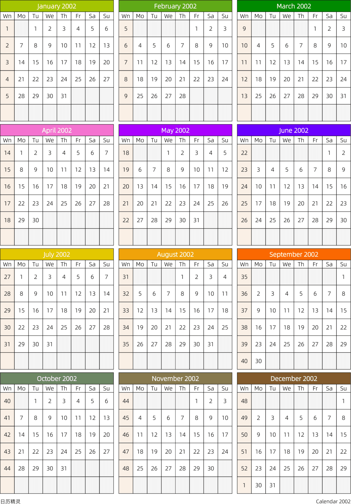 模板[DF201] 日历表 2002年 日历 英文版 周一开始 带周数 带节假日调休安排