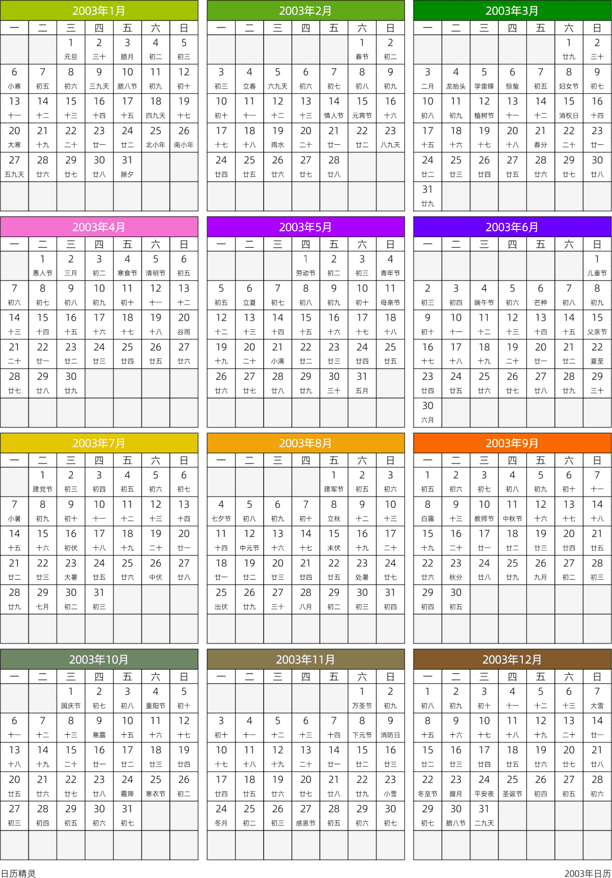 模板[DF201] 日历表 2003年 日历 中文版 周一开始 带农历 带节假日调休安排