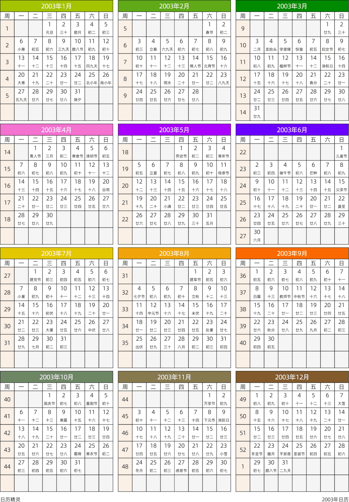模板[DF201] 日历表 2003年 日历 中文版 周一开始 带周数 带农历 带节假日调休安排