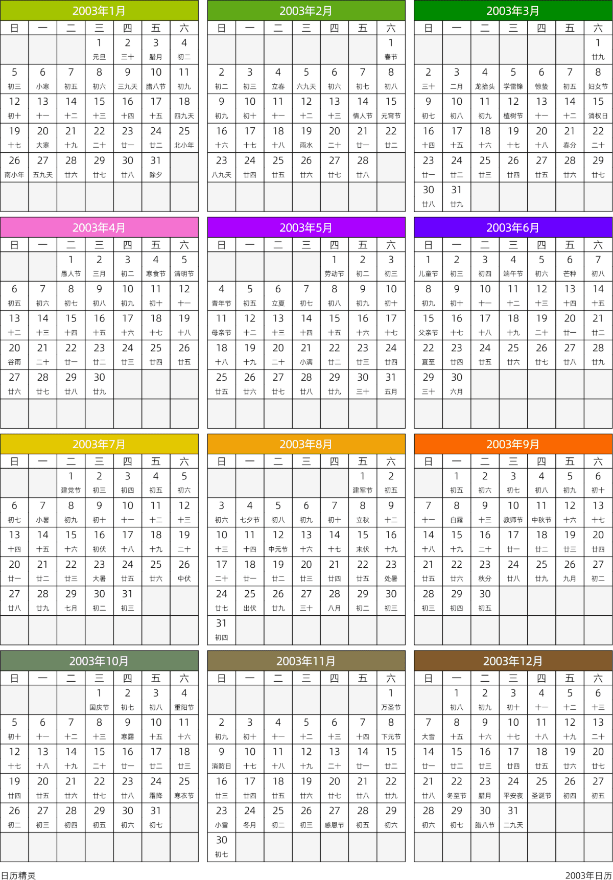 模板[DF201] 日历表 2003年 日历 中文版 周日开始 带农历 带节假日调休安排