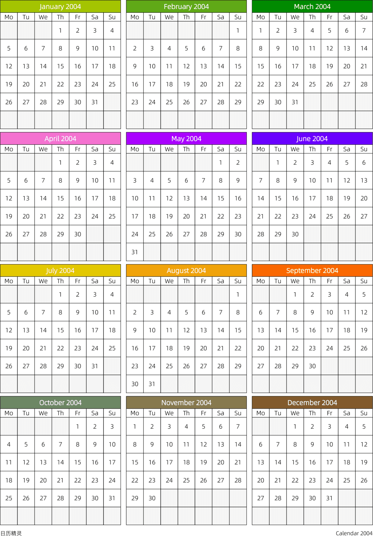模板[DF201] 日历表 2004年 日历 英文版 周一开始