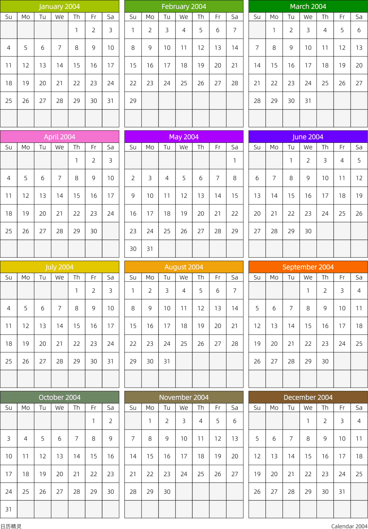 模板[DF201] 日历表 2004年 日历 英文版 周日开始