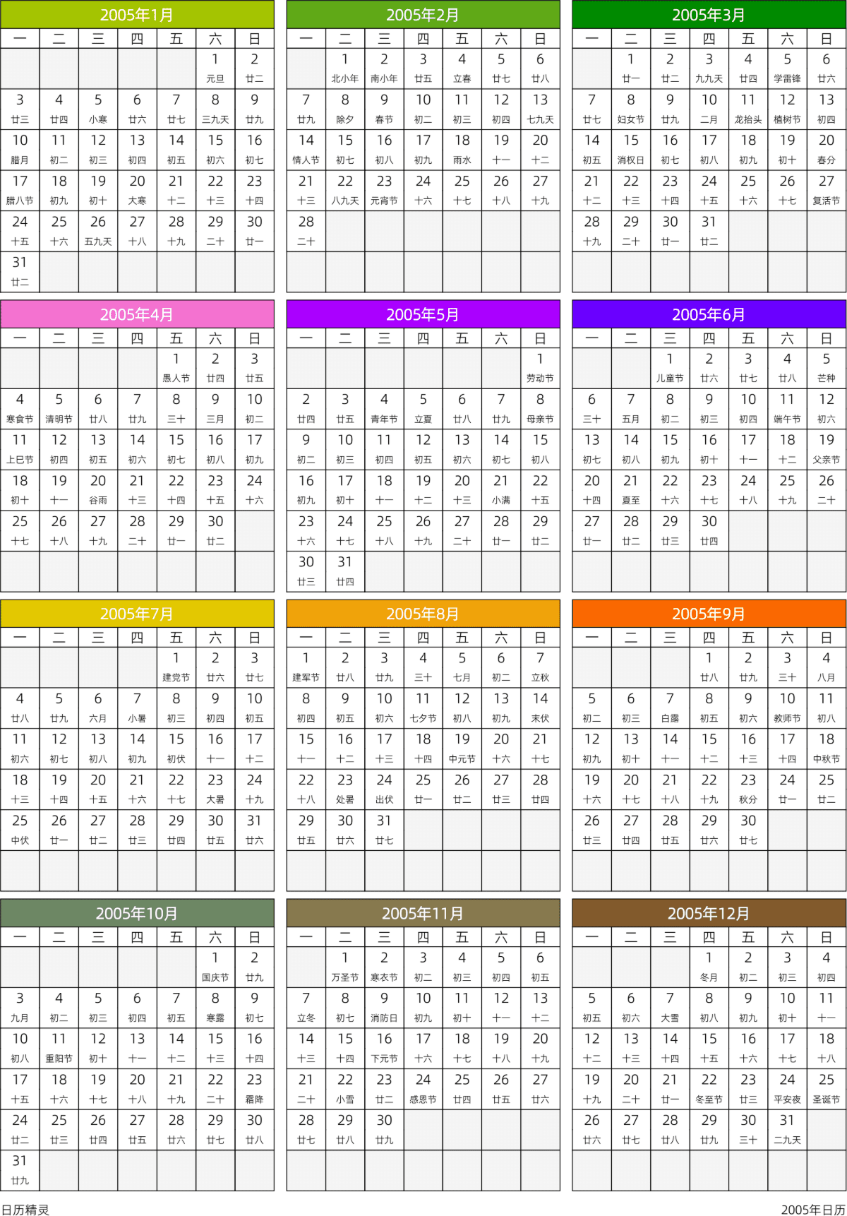 模板[DF201] 日历表 2005年 日历 中文版 周一开始 带农历 带节假日调休安排