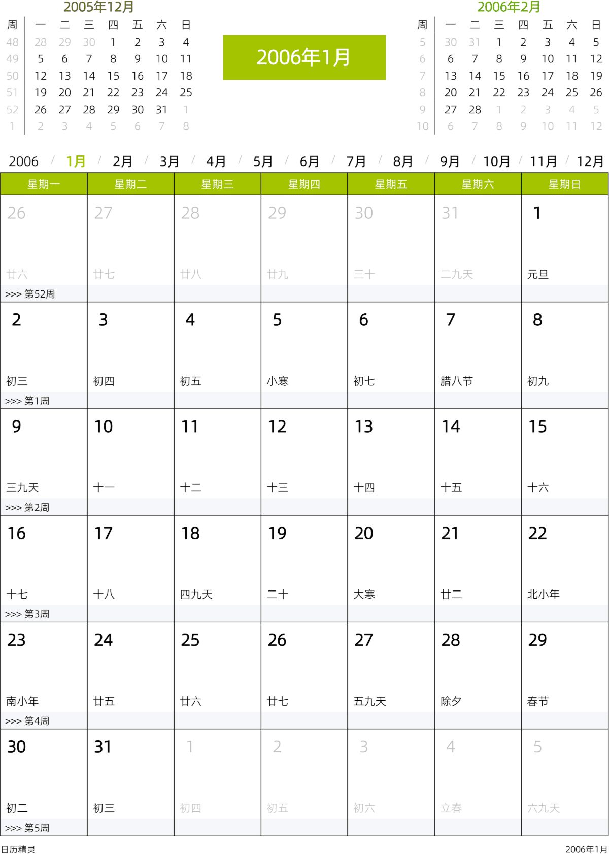 模板[DF201] 日历表 2006年 日历 中文版 周一开始 带周数 带农历