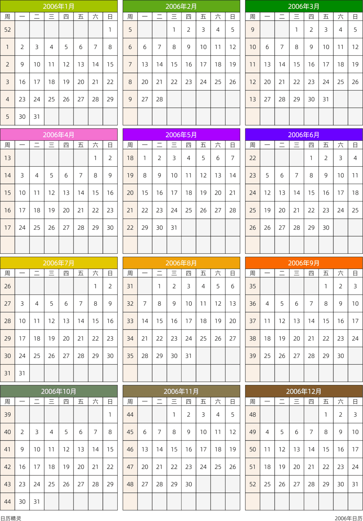 模板[DF201] 日历表 2006年 日历 中文版 周一开始 带周数 带节假日调休安排