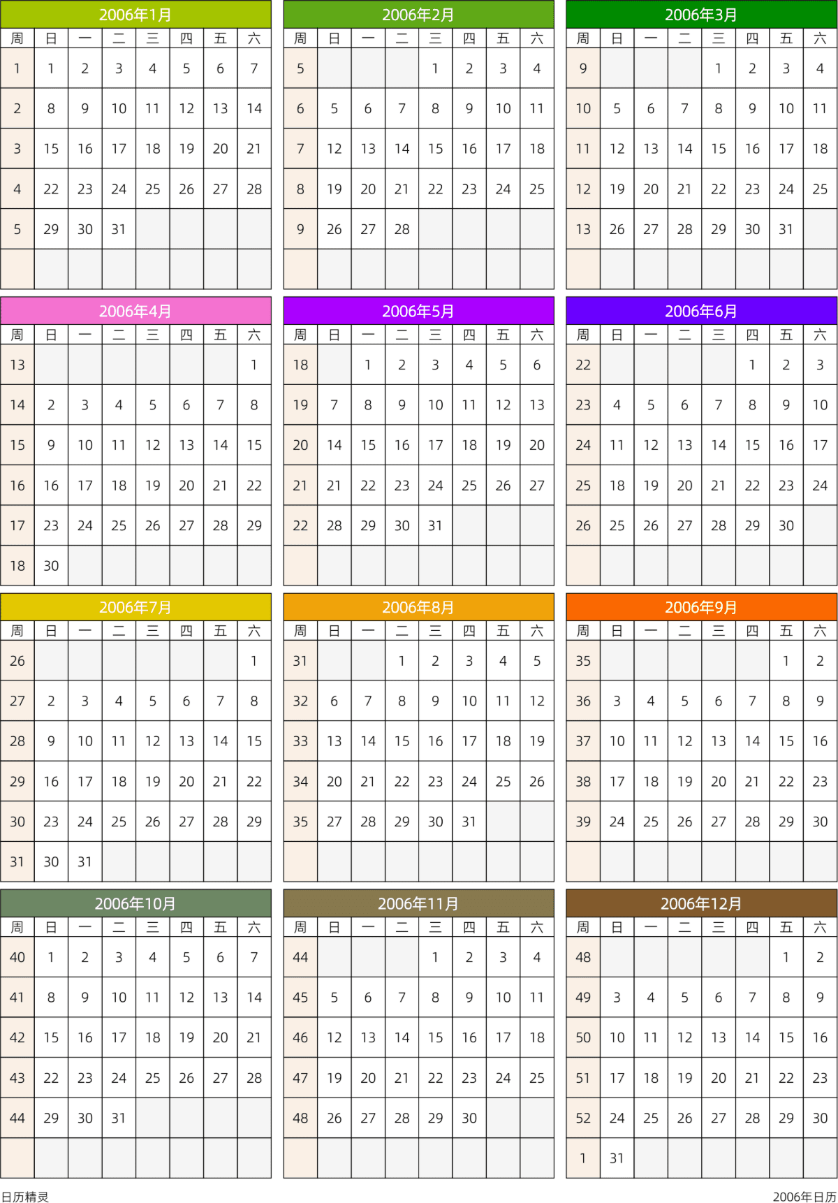 模板[DF201] 日历表 2006年 日历 中文版 周日开始 带周数 带节假日调休安排