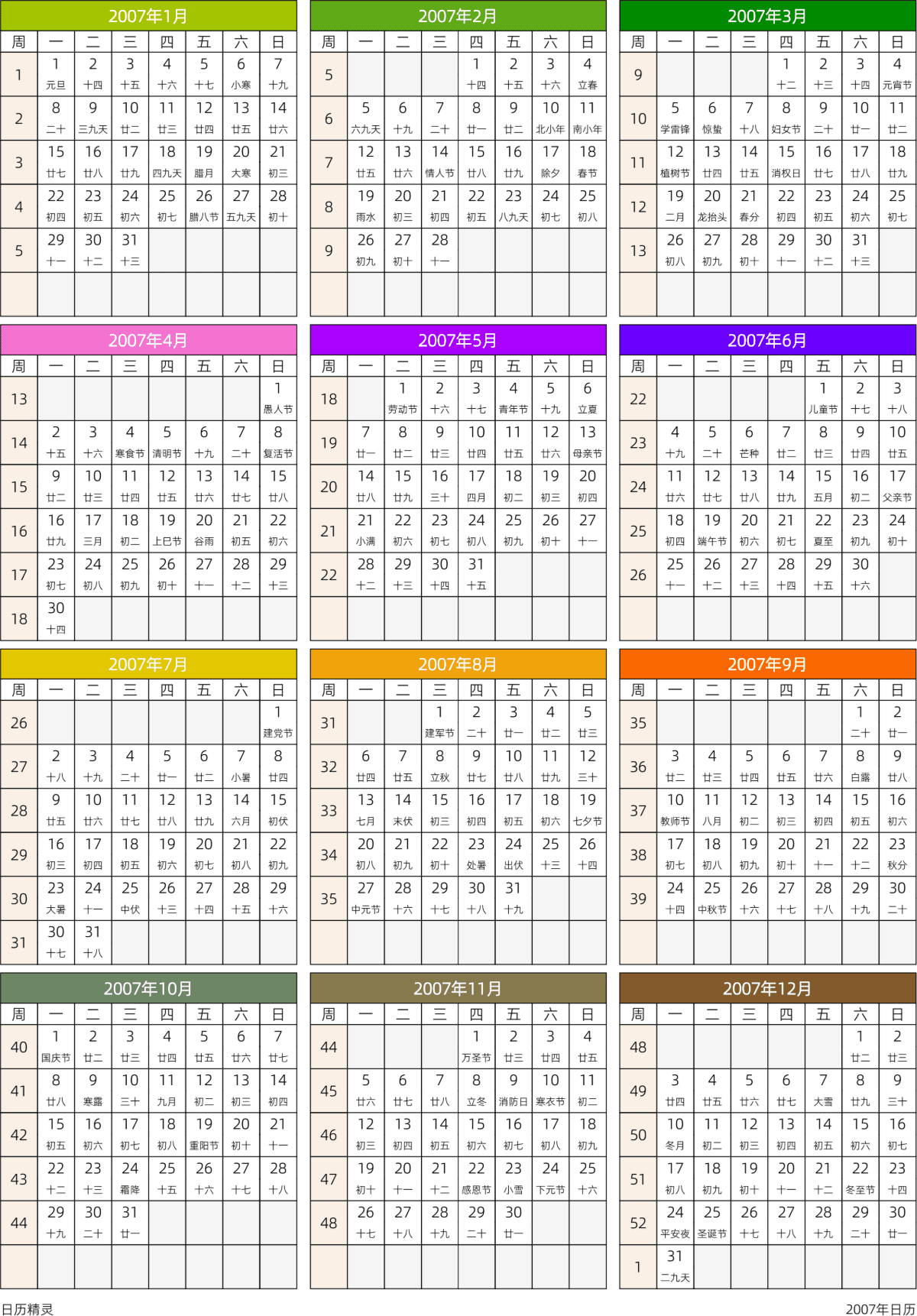 模板[DF201] 日历表 2007年 日历 中文版 周一开始 带周数 带农历 带节假日调休安排