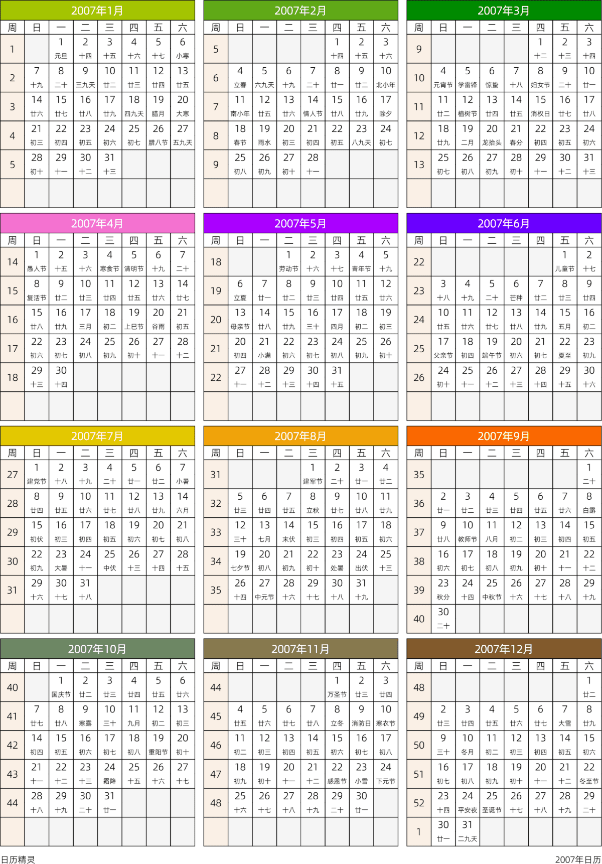 模板[DF201] 日历表 2007年 日历 中文版 周日开始 带周数 带农历