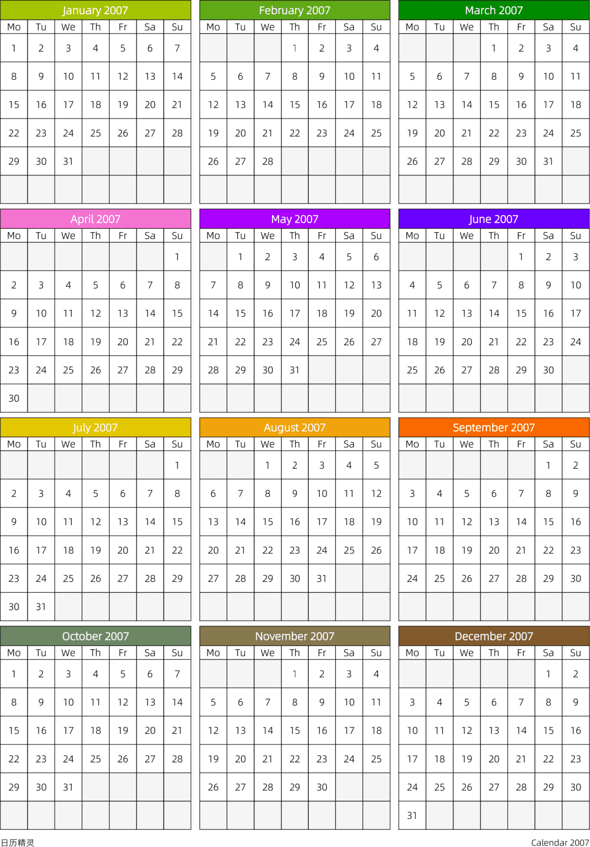 模板[DF201] 日历表 2007年 日历 英文版 周一开始 带节假日调休安排