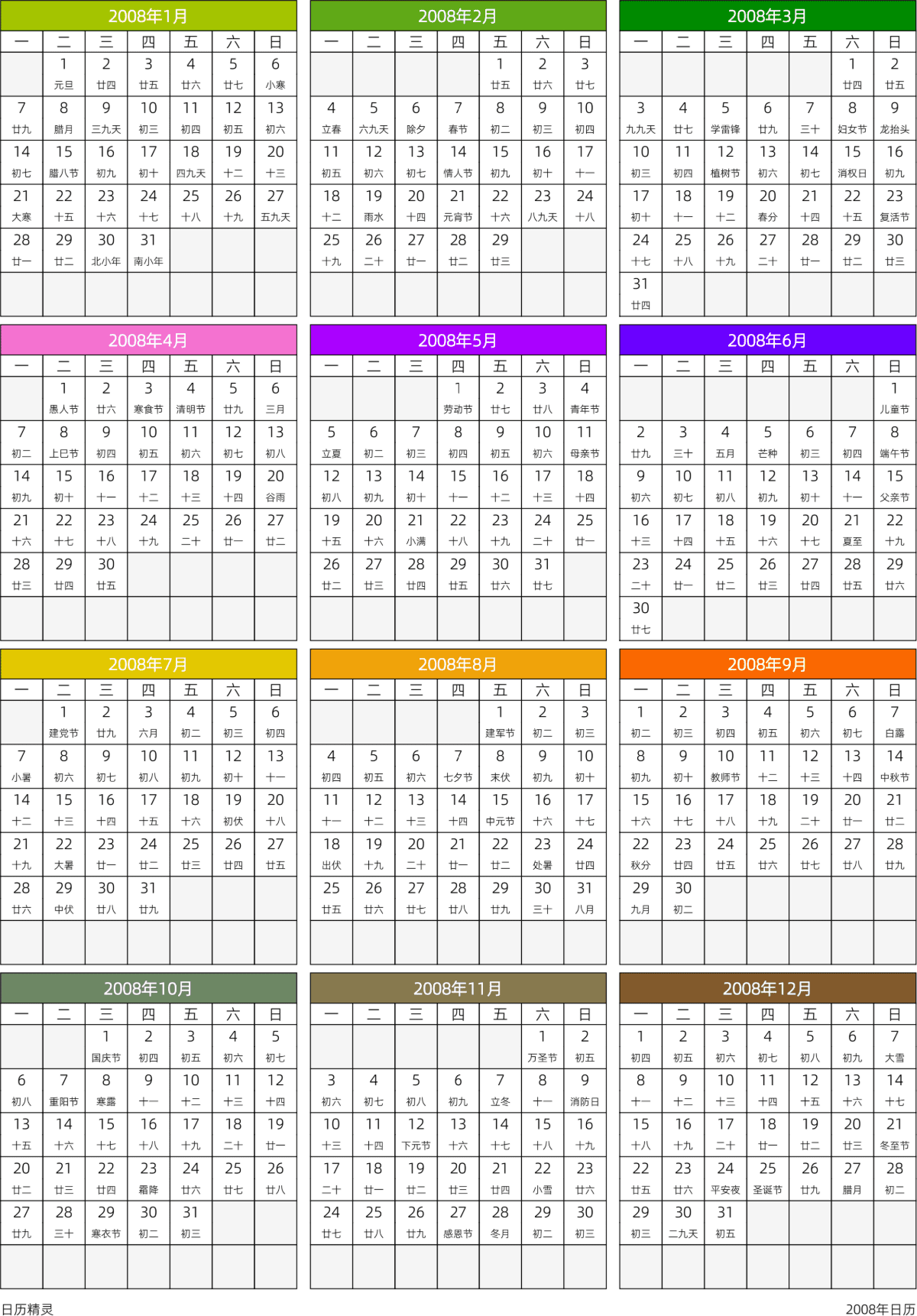 模板[DF201] 日历表 2008年 日历 中文版 周一开始 带农历