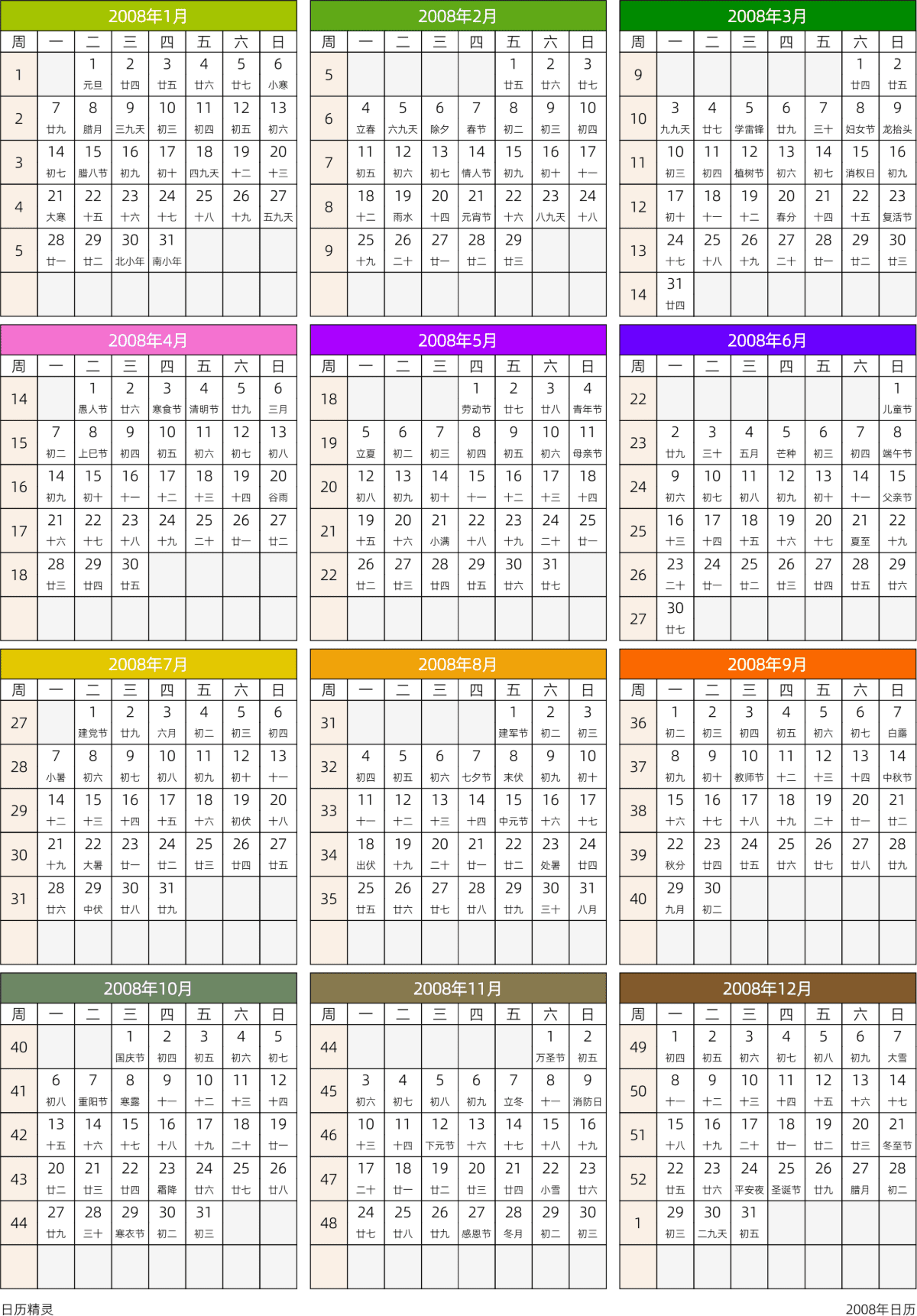模板[DF201] 日历表 2008年 日历 中文版 周一开始 带周数 带农历 带节假日调休安排