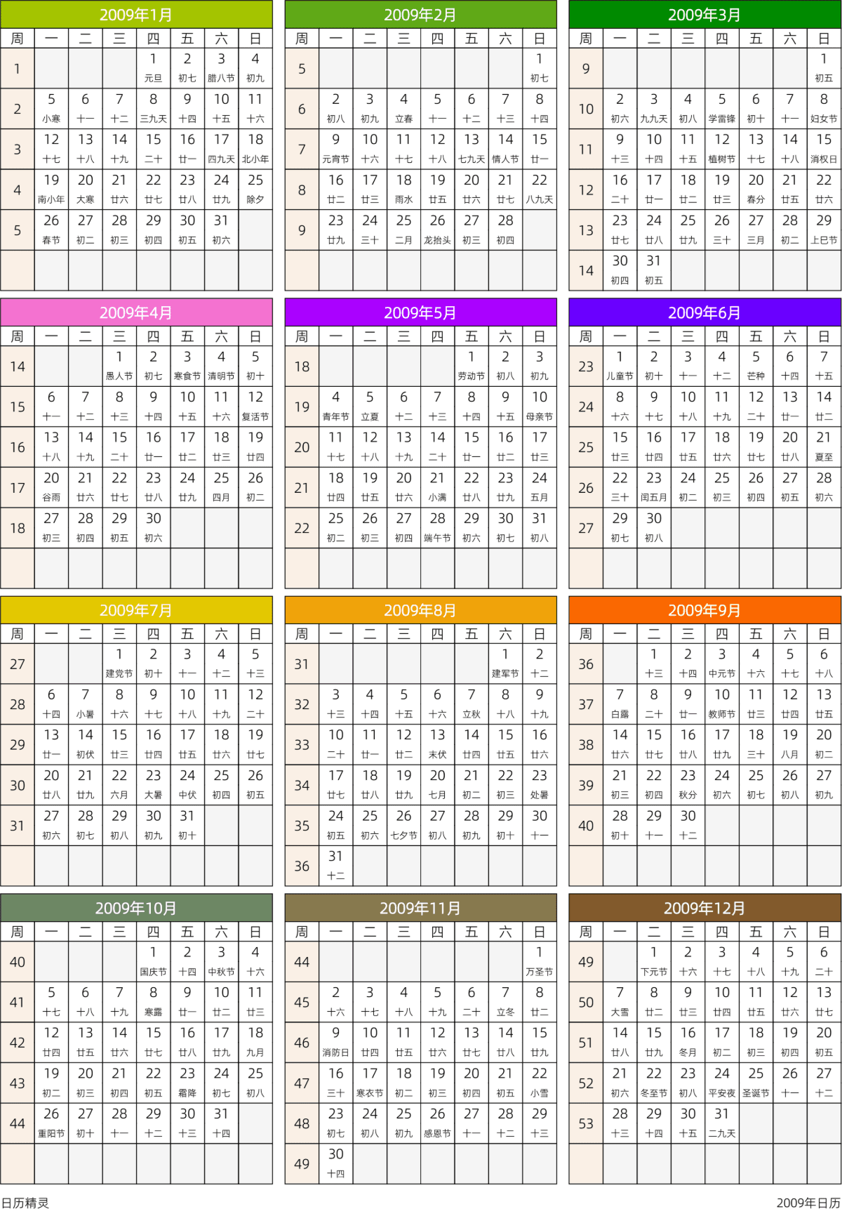 模板[DF201] 日历表 2009年 日历 中文版 周一开始 带周数 带农历 带节假日调休安排
