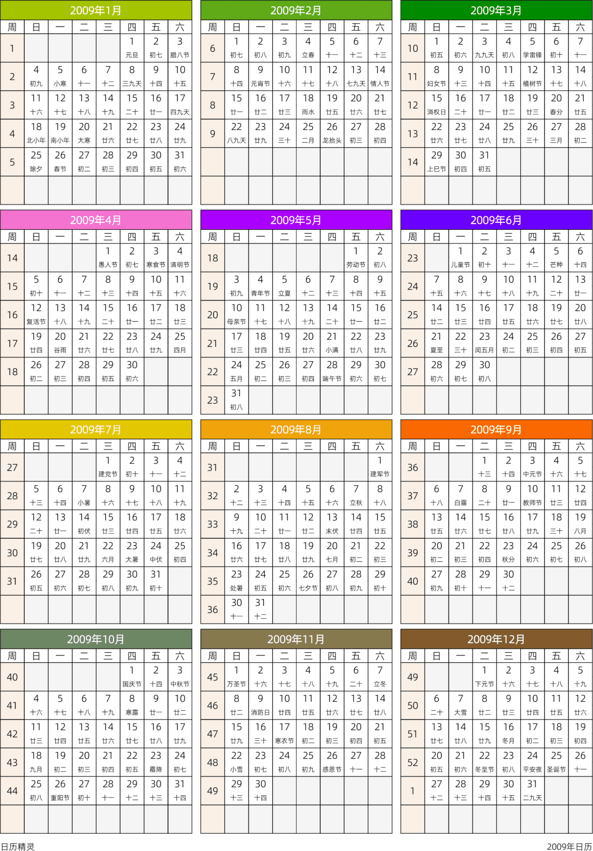 模板[DF201] 日历表 2009年 日历 中文版 周日开始 带周数 带农历 带节假日调休安排