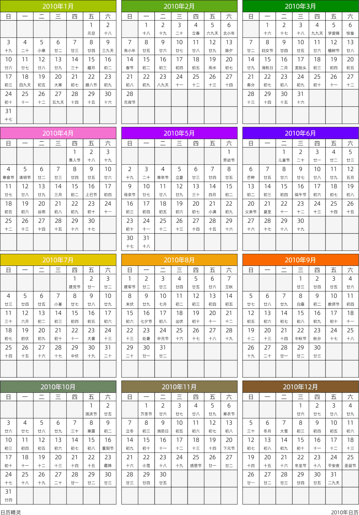 模板[DF201] 日历表 2010年 日历 中文版 周日开始 带农历