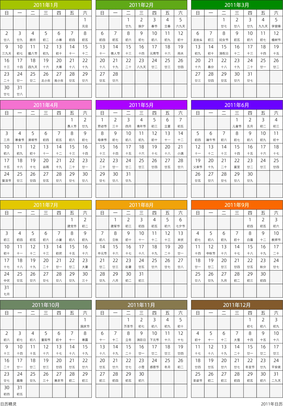 模板[DF201] 日历表 2011年 日历 中文版 周日开始 带农历
