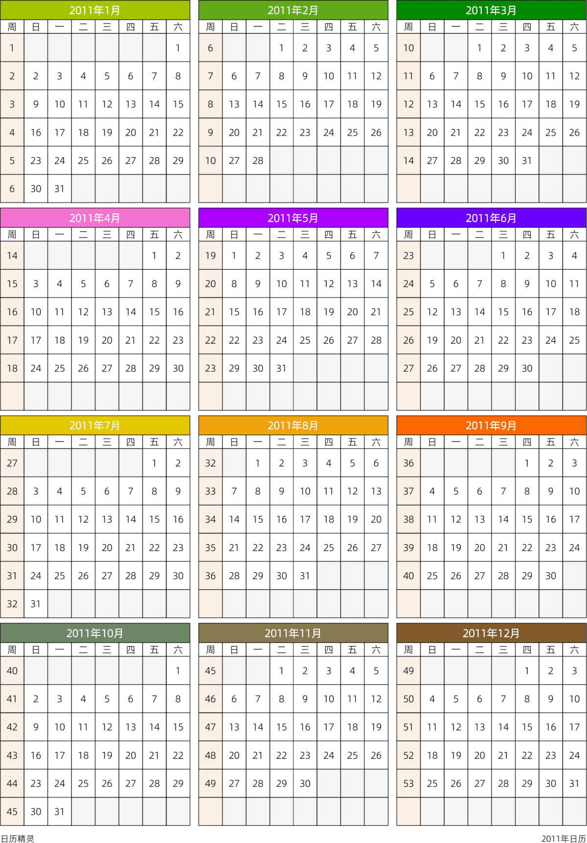模板[DF201] 日历表 2011年 日历 中文版 周日开始 带周数 带节假日调休安排