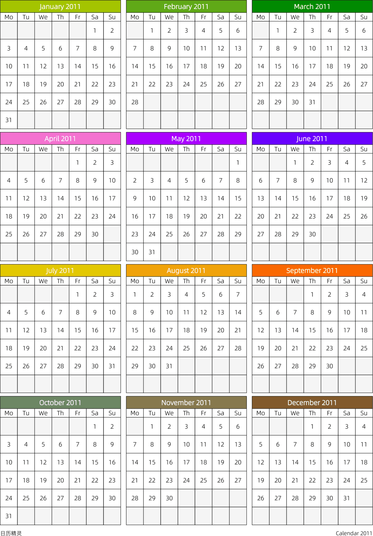 模板[DF201] 日历表 2011年 日历 英文版 周一开始 带节假日调休安排