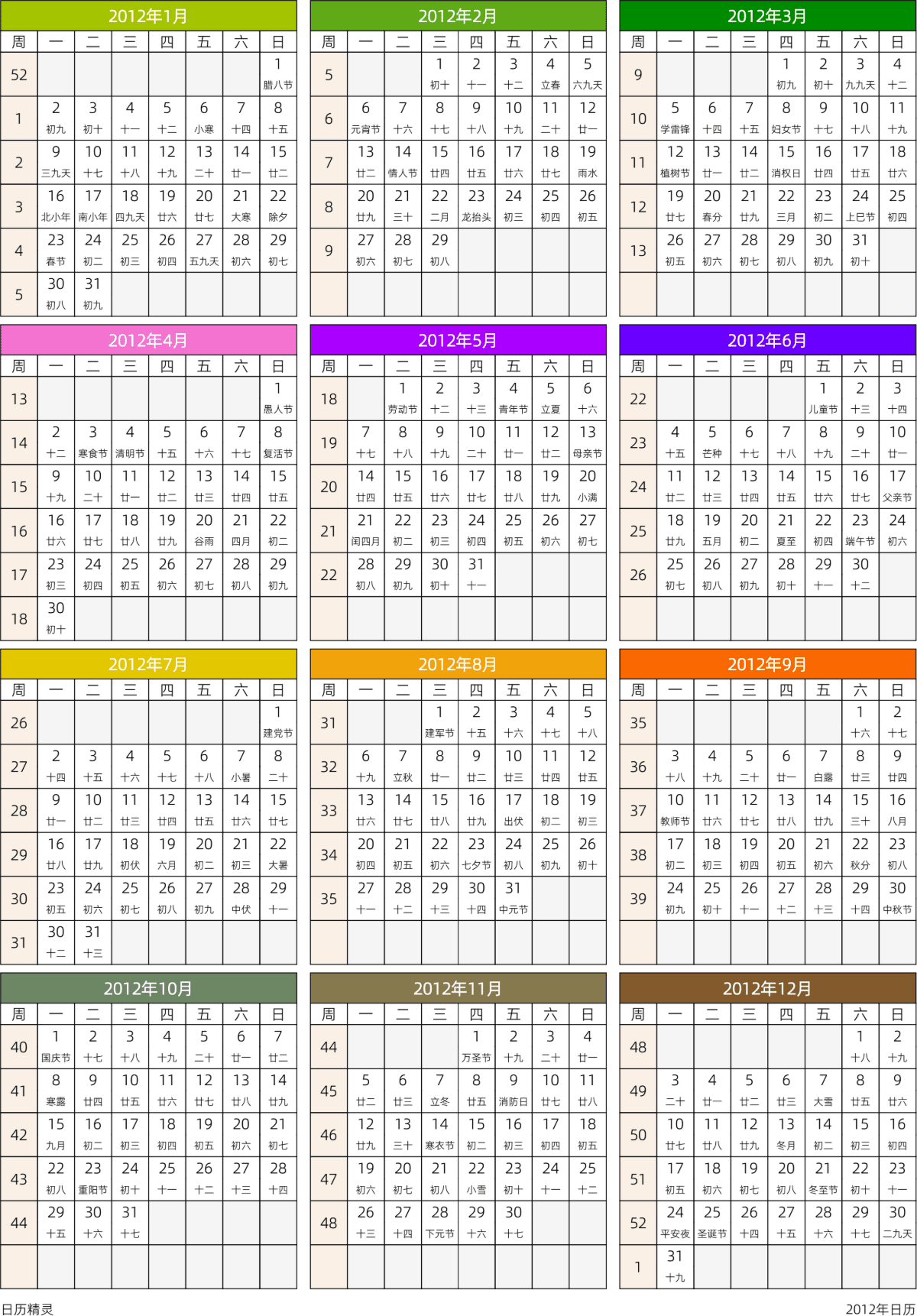 模板[DF201] 日历表 2012年 日历 中文版 周一开始 带周数 带农历 带节假日调休安排