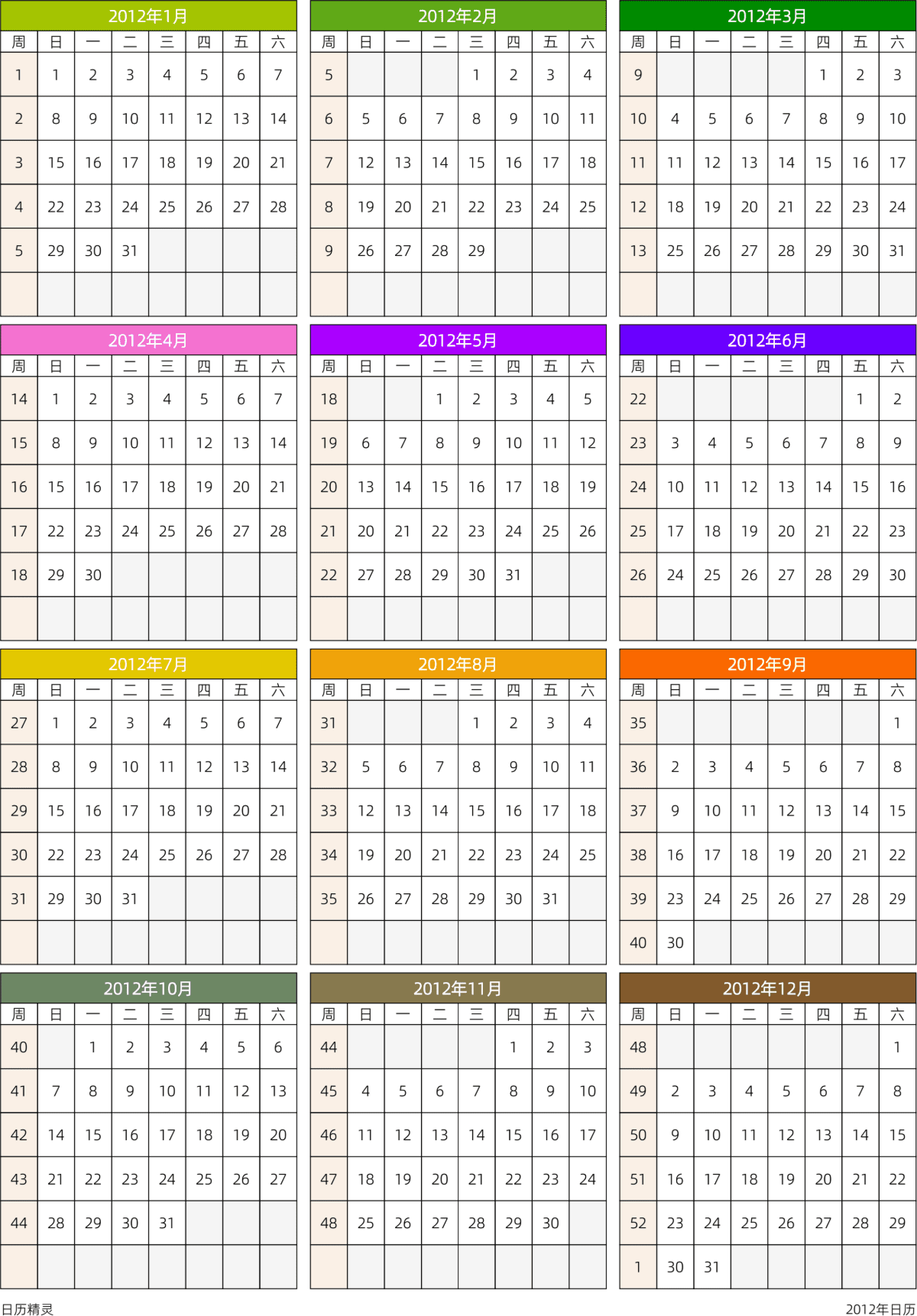 模板[DF201] 日历表 2012年 日历 中文版 周日开始 带周数